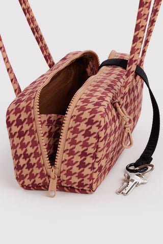 Small houndstooth nylon bowler bag, open top zipper, brown interior lining visible