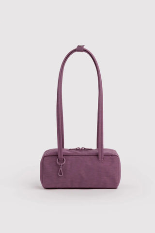Small plum nylon bowler bag with top handles and front zipper pocket
