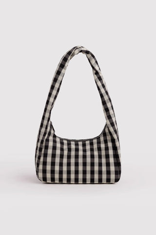 Small gingham nylon bag with short handles, black-and-white check pattern