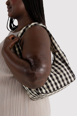 Gingham small shoulder bag with top zipper and short handles, black and cream
