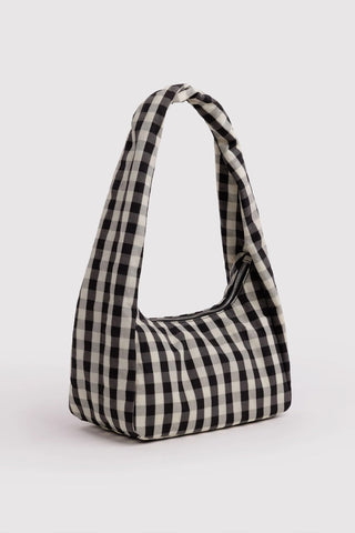 Small gingham nylon bag with curved top and short handles, black-and-white checks