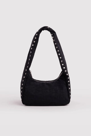 Small black nylon hobo bag with studded handles and rounded top opening