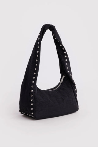 Small black studded nylon hobo bag with zipper top and rounded sides