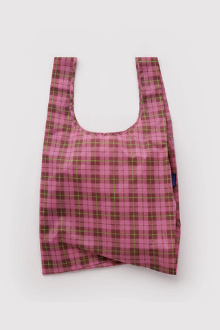 Pink tartan plaid tote bag with wide U-shaped opening