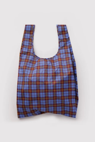 BAGGU blue tartan standard tote bag, U-shaped opening and sturdy shoulder straps