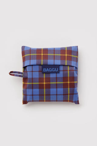 BAGGU blue tartan tote bag pouch with logo patch and wrist carry strap