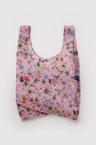 Light pink BAGGU standard tote with colorful floral and creatures pattern, wide U-shaped opening
