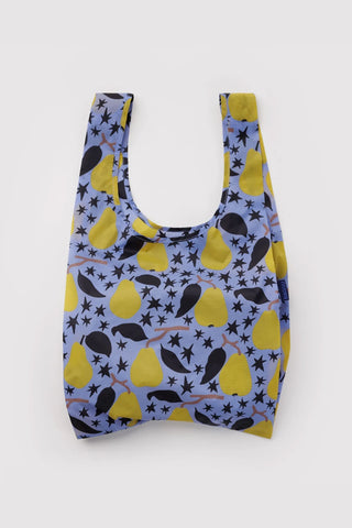 BAGGU tote bag, navy with yellow pears and star pattern, long handles