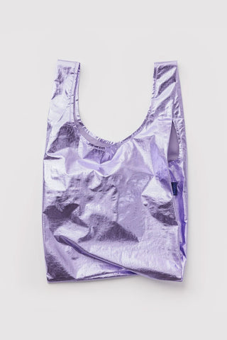 Lavender metallic tote bag with wide U-shaped handles