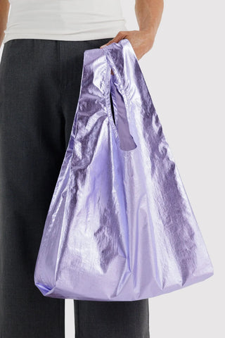 Lavender metallic tote bag with gathered open top and carrying straps