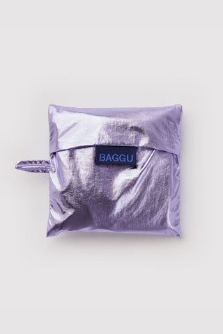 BAGGU lavender metallic foldable tote pouch with logo patch and wrist strap