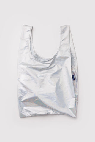 Silver reflective tote bag on a light gray background