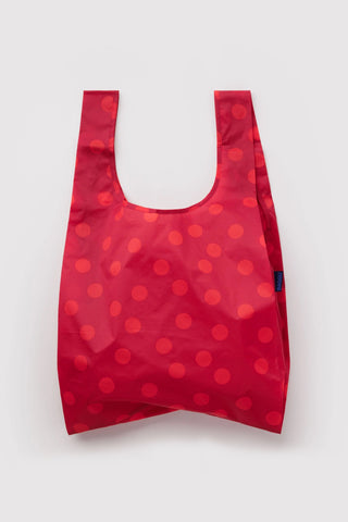 Red polka-dot reusable tote bag with U-shaped open top