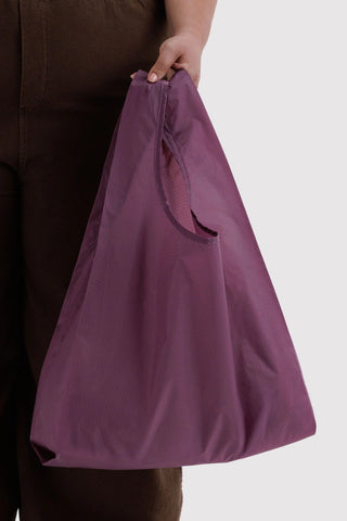 Plum tote bag with long handles and roomy open interior