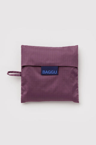 Foldable plum BAGGU tote bag pouch with blue logo label