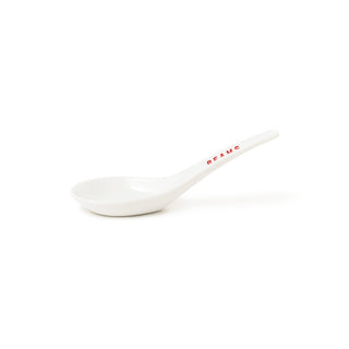 White ceramic spoon with red "Beams" text on a white background