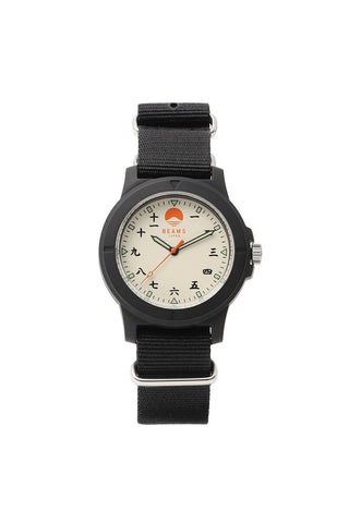 Black watch with a white face displaying kanji characters on a white background