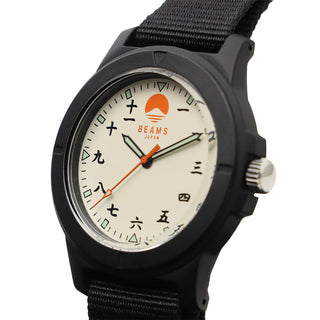 Black watch with a white face displaying kanji characters and the orange Beams logo on a white background