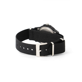 Black watch with a silver buckle on a white background