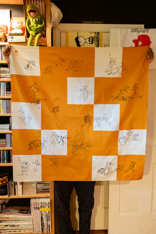 Person holding furoshiki for size reference in front of bookshelf