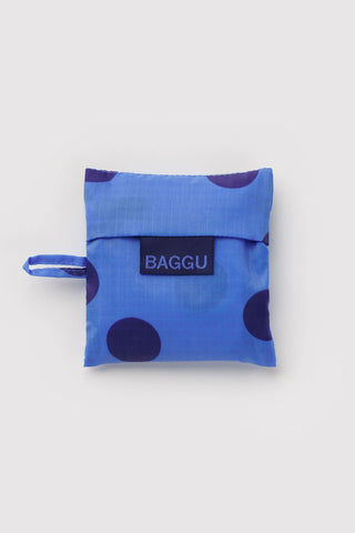 Baby BAGGU foldable bag pouch, blue with polka dots, BAGGU label and loop handle