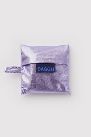 Lavender metallic foldable tote bag with BAGGU label on front