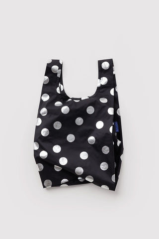 Baby BAGGU metallic polka dot reusable tote bag, black with silver dot print