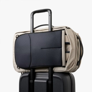 Backpack strapped onto luggage to show it can be used as a personal item 