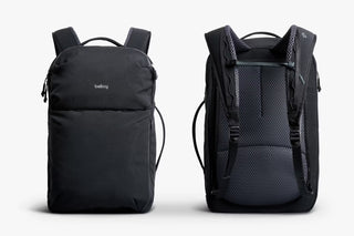 Two black backpacks from Bellroy, front and back, on a white background