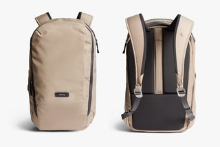 Beige backpack shown from front and back on a white background