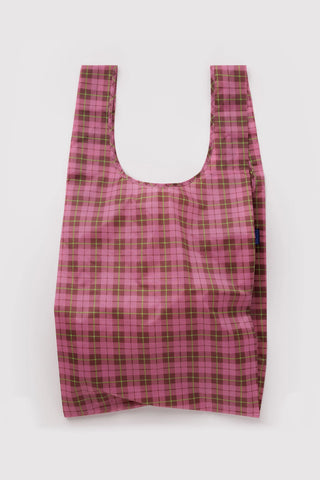 Large BAGGU tote bag in azalea pink tartan plaid