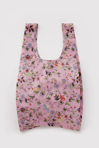 Large BAGGU reusable tote bag, pink floral print with wide handles