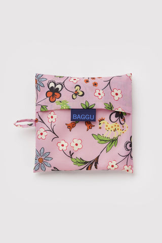 BAGGU foldable bag pouch, pink floral print with blue BAGGU logo label