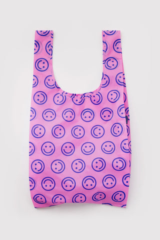 Pink smiley-pattern reusable tote bag with U-shaped open top