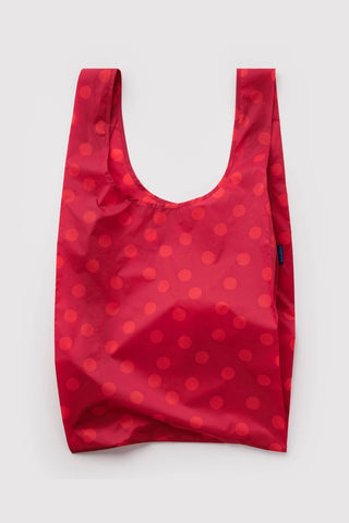 Red polka-dot reusable shopping bag with U-shaped open top