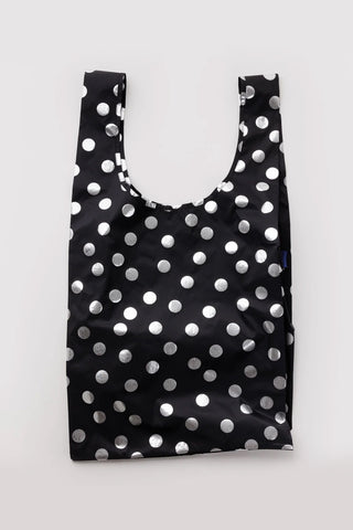 Big BAGGU tote bag, black with silver metallic polka dots