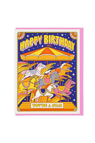 Birthday carousel greeting card with colorful carousel horses and “HAPPY BIRTHDAY” text