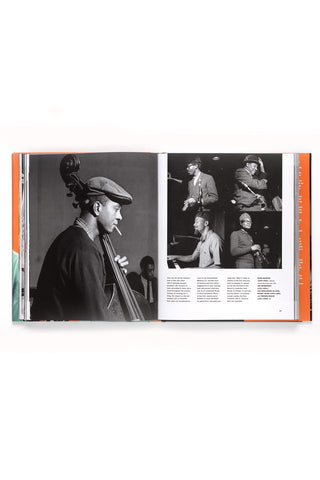 An open book spread showing black-and-white photographs of musicians, including a bassist and small concert scenes on a white background.