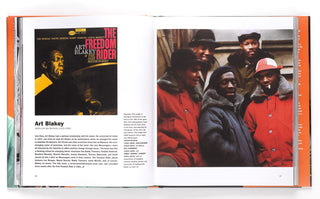 An open book showing a two-page spread with a black-and-white portrait of Art Blakey on the left page and a  photograph of several people in winter clothing on the right page