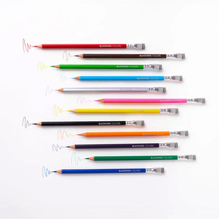 Set of colorful pencils arranged in a row on a white background