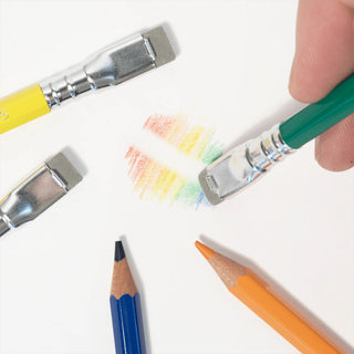 Colorful pencils with color swatches on a white background
