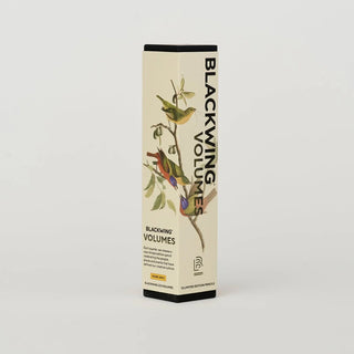 A tall rectangular product box for Blackwing Volumes, featuring a cream-colored front with a bird illustration and black text, set against a plain light gray background.