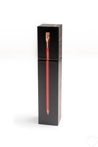 Red pencil with a black box on a white background