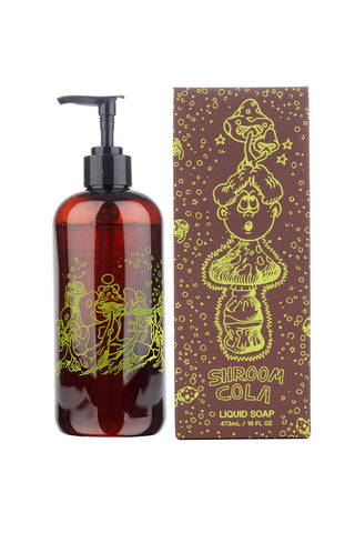 Brown soap bottle with pump and decorative box labeled 'Shroom Cola' on a white background