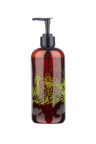 Brown soap bottle with pump and green design on a white background