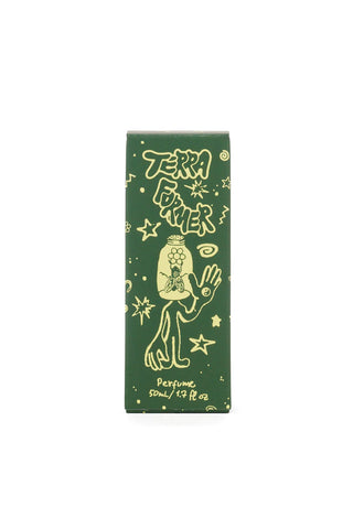 Green perfume box with yellow graphics and text on a white background