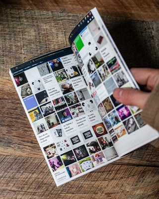 Open book showing grid of photos and printed article layout