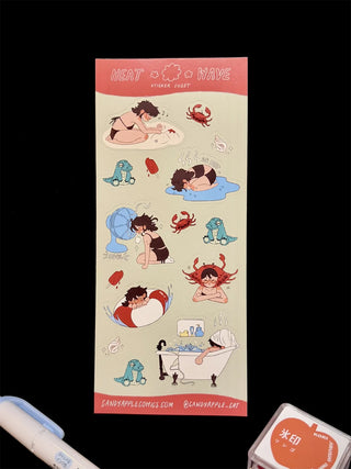 Sticker sheet with cartoon characters in beach poses and crab-themed graphics