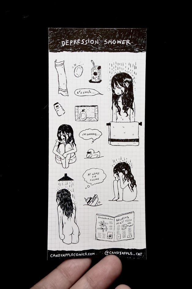 Depression Shower sticker sheet with character and bathroom icon illustrations