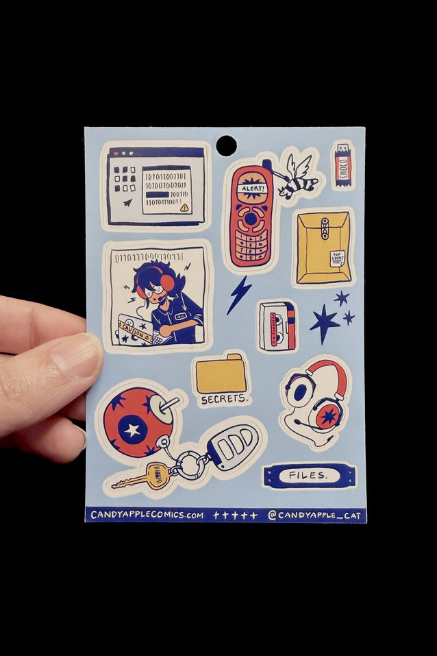Sticker sheet with vintage-style secret agent icons, colorful character, and envelope designs